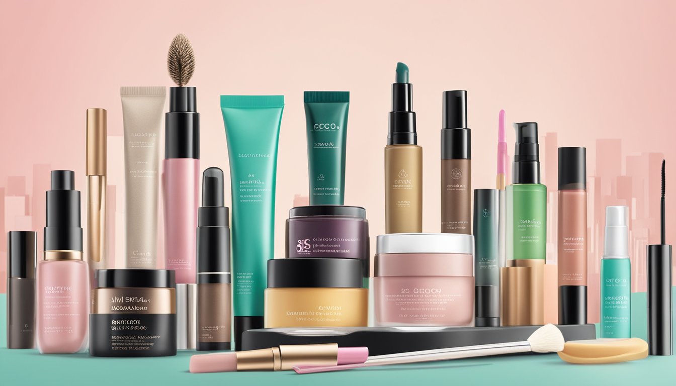 A colorful array of eco-friendly makeup products from Singapore brands displayed on a sleek, modern countertop