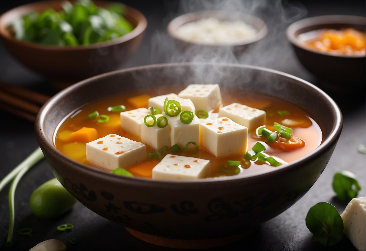 A steaming bowl of Chinese silken tofu soup with floating tofu cubes, green onions, and a drizzle of chili oil