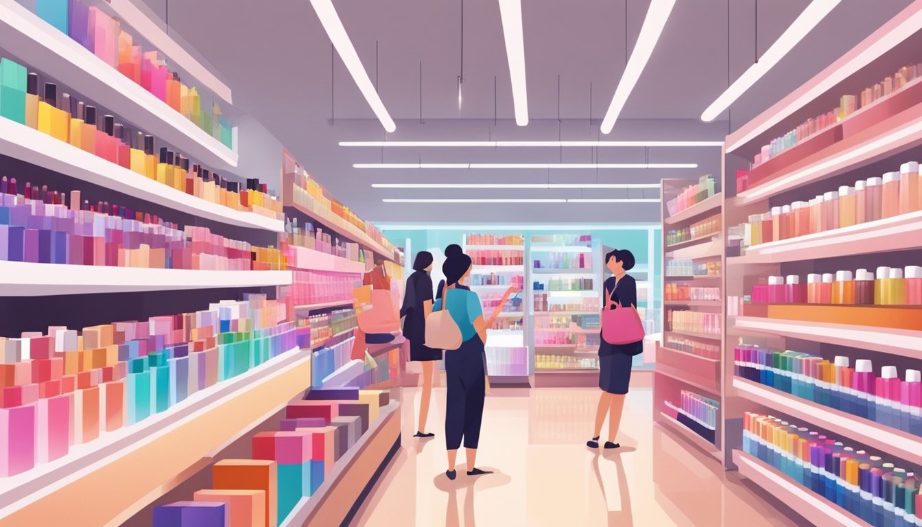 Customers browse shelves of colorful makeup products in a modern, well-lit beauty retail store in Singapore. Brand logos and attractive packaging catch the eye