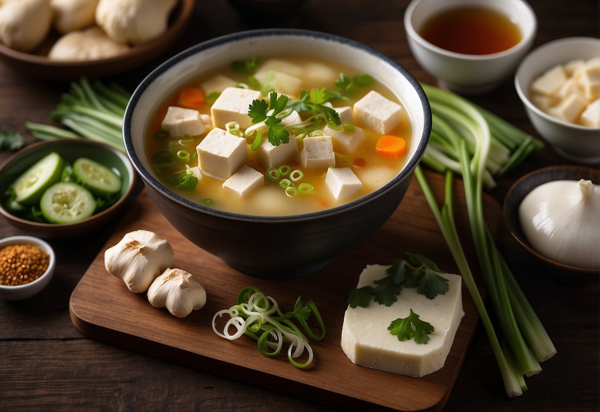 A steaming bowl of Chinese silken tofu soup sits on a wooden table, surrounded by traditional Chinese cooking ingredients like ginger, scallions, and soy sauce