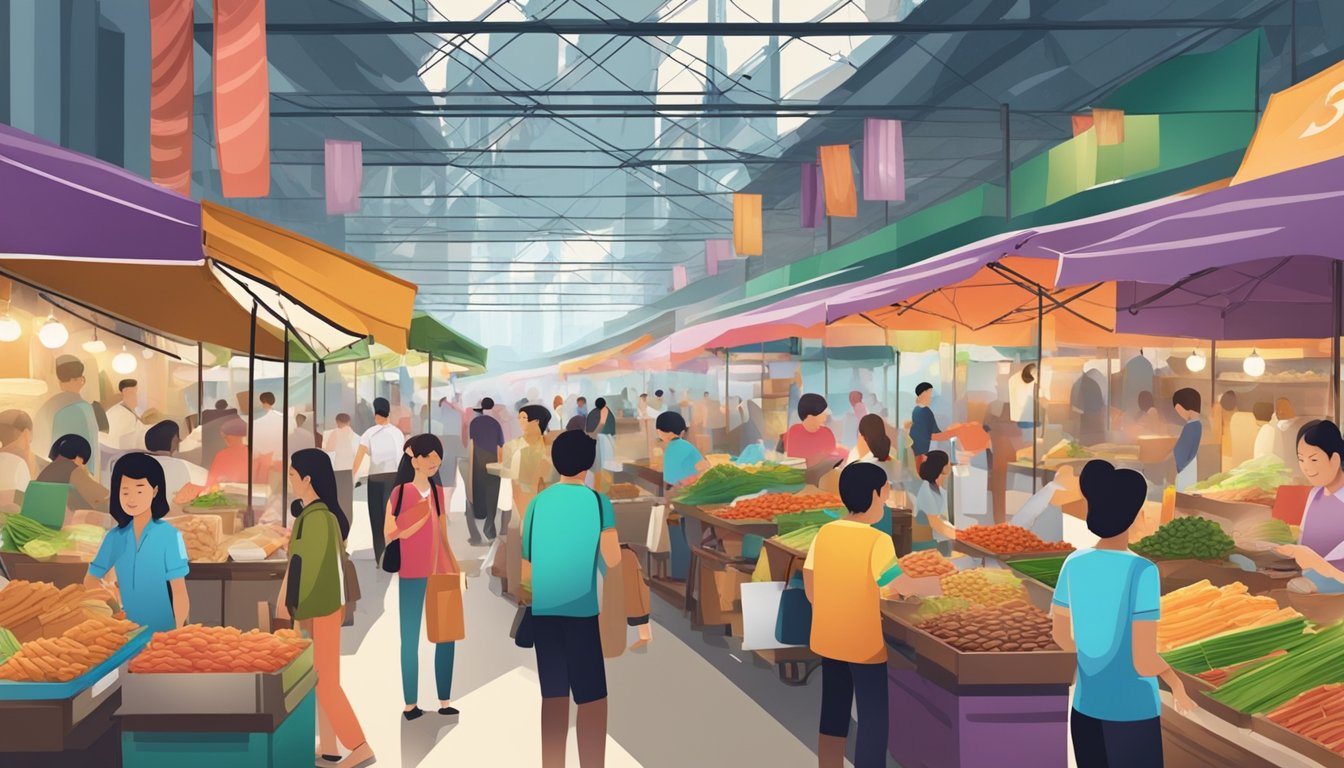 A bustling Singapore food market with colorful stalls and diverse cuisines, surrounded by eager customers and vendors