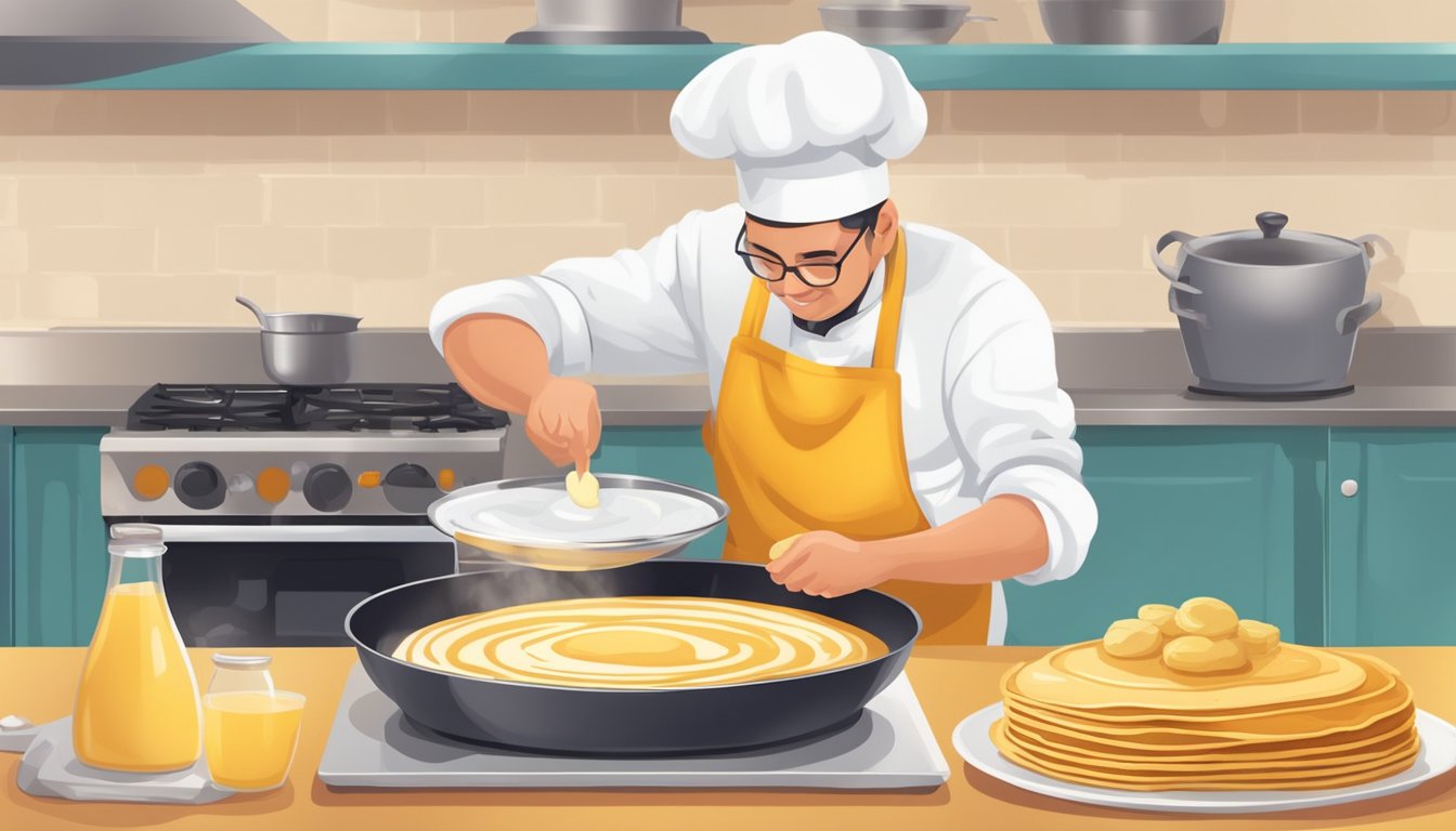A chef pours milk into a sizzling pan of curry, creating a creamy texture. A baker carefully measures milk for a batch of fluffy pancakes