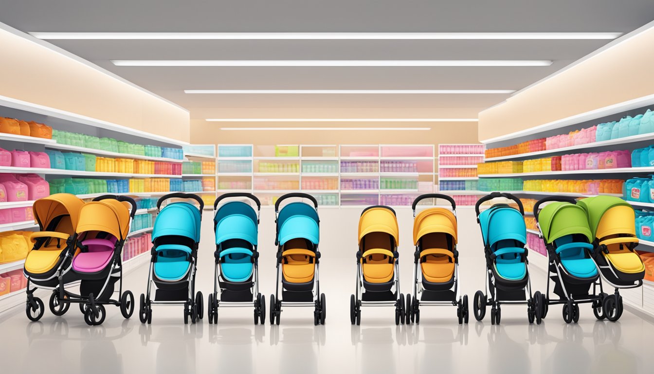 A row of stroller brands displayed in a bright, spacious store with colorful signage and attractive packaging