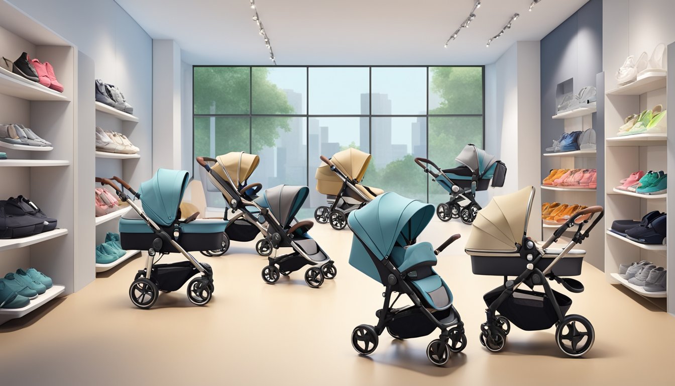 A variety of stroller types from different brands are displayed in a spacious showroom, showcasing their unique features and designs