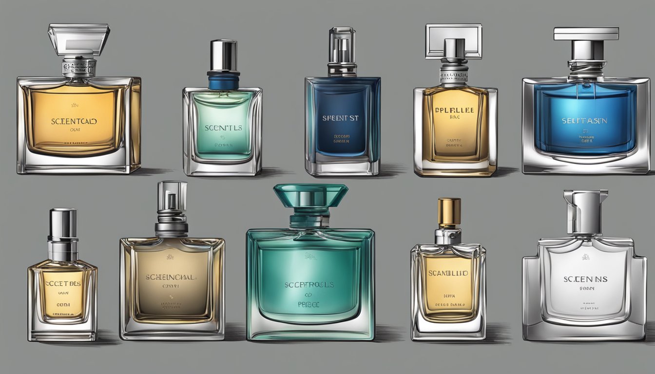 A table displays various perfume bottles labeled "Scent Profiles" for men. Each bottle features a unique design and scent description