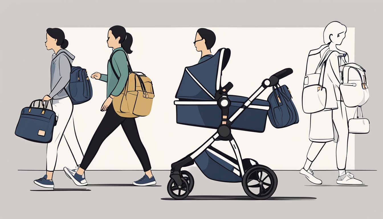 A parent effortlessly unfolds a compact stroller with one hand while holding a diaper bag in the other. The adjustable handlebar and easy-to-access storage compartments are highlighted