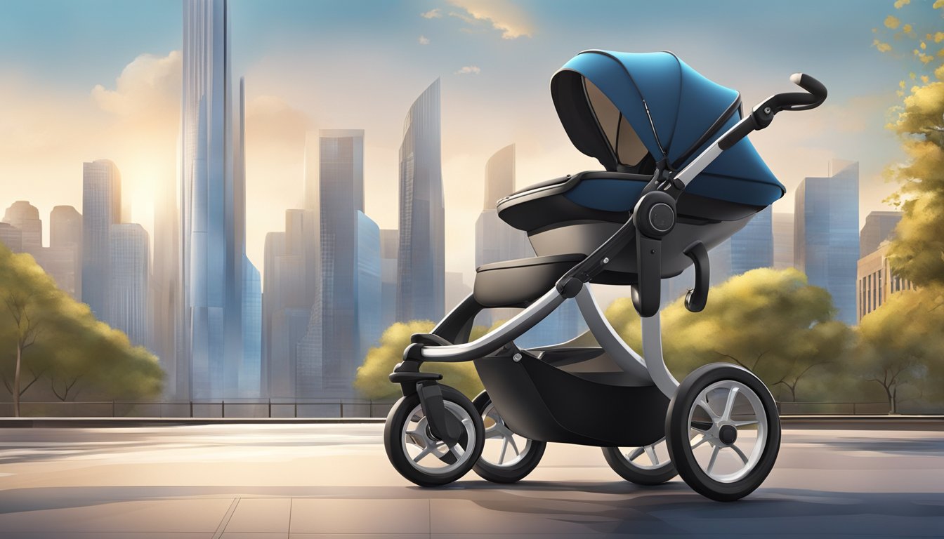 A sleek, modern stroller with advanced safety features and innovative design elements, set against a backdrop of urban landscapes and bustling city streets