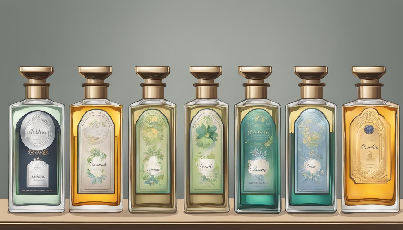 A table displays various cologne bottles with seasonal motifs. Labels indicate scents for different occasions