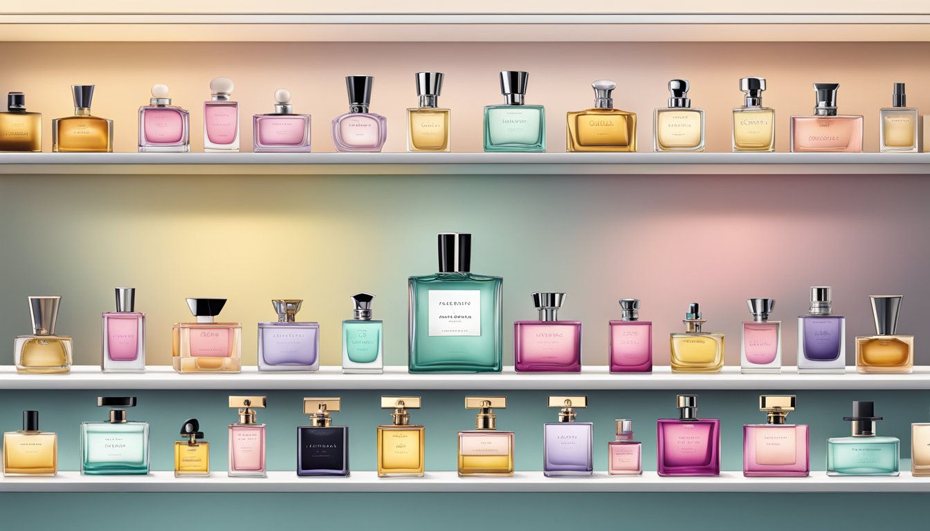 A display of iconic perfume bottles with their signature scents, arranged on a sleek, minimalist shelf with soft, diffused lighting