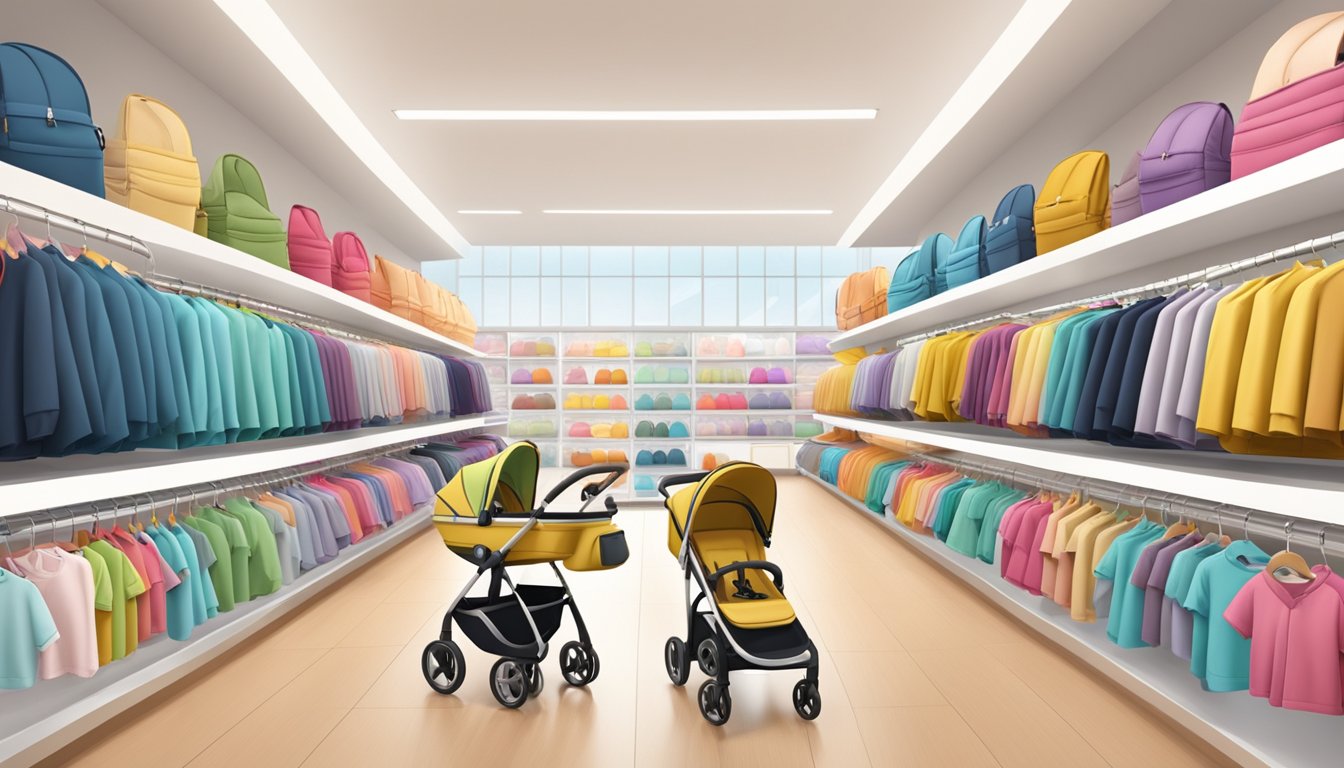 A diverse array of stroller brands displayed in a bright, spacious store, with colorful and stylish designs to cater to different family needs