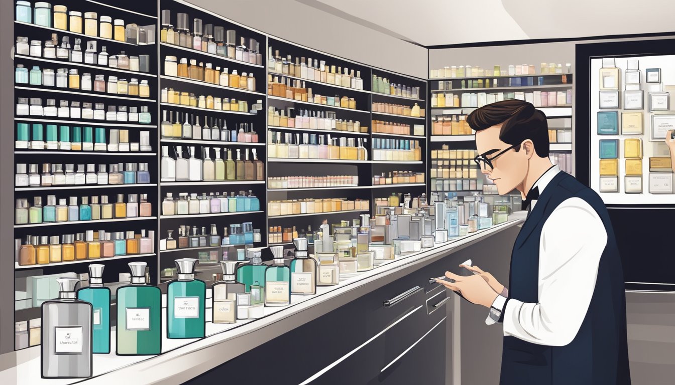 A man samples various colognes, comparing scents and reading labels at a sleek perfume counter