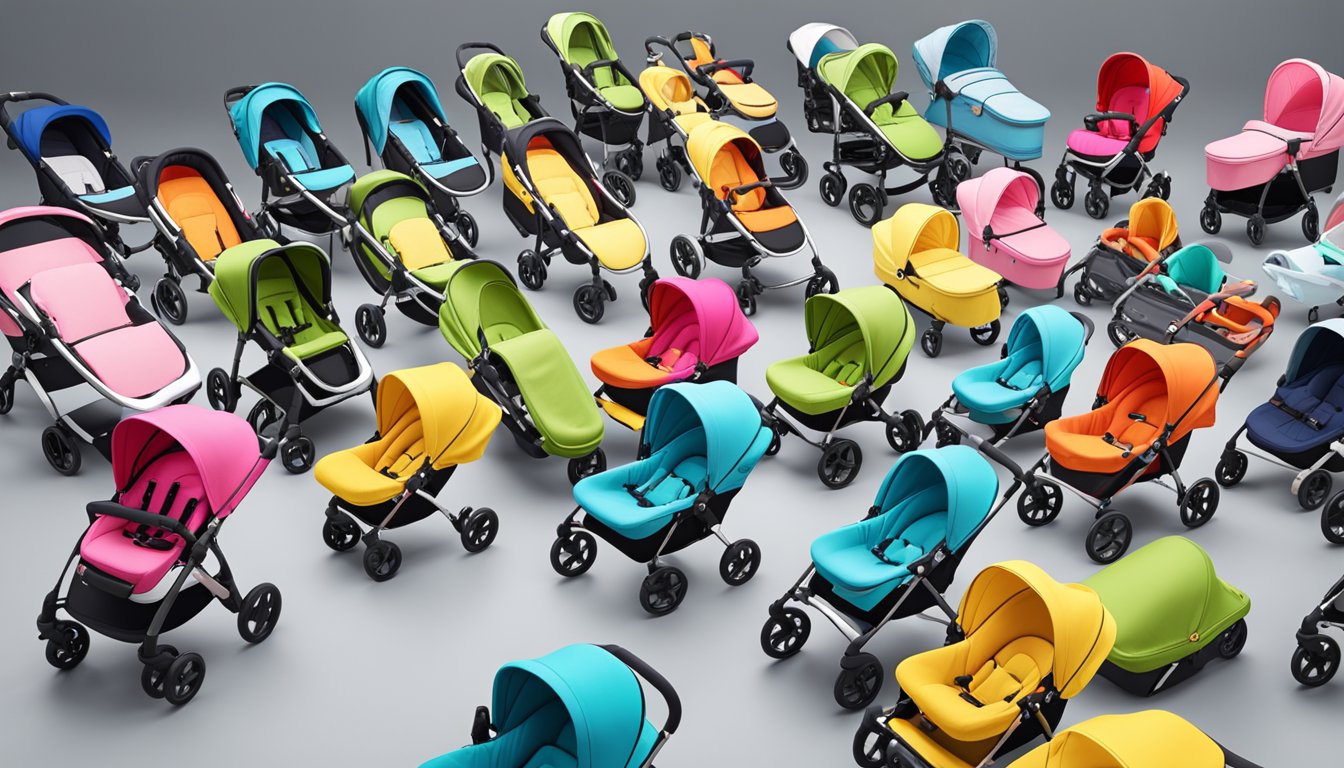 A display of top stroller brands with their flagship models lined up in a bright, spacious showroom. Brand logos are prominent, and the strollers are arranged neatly in a row