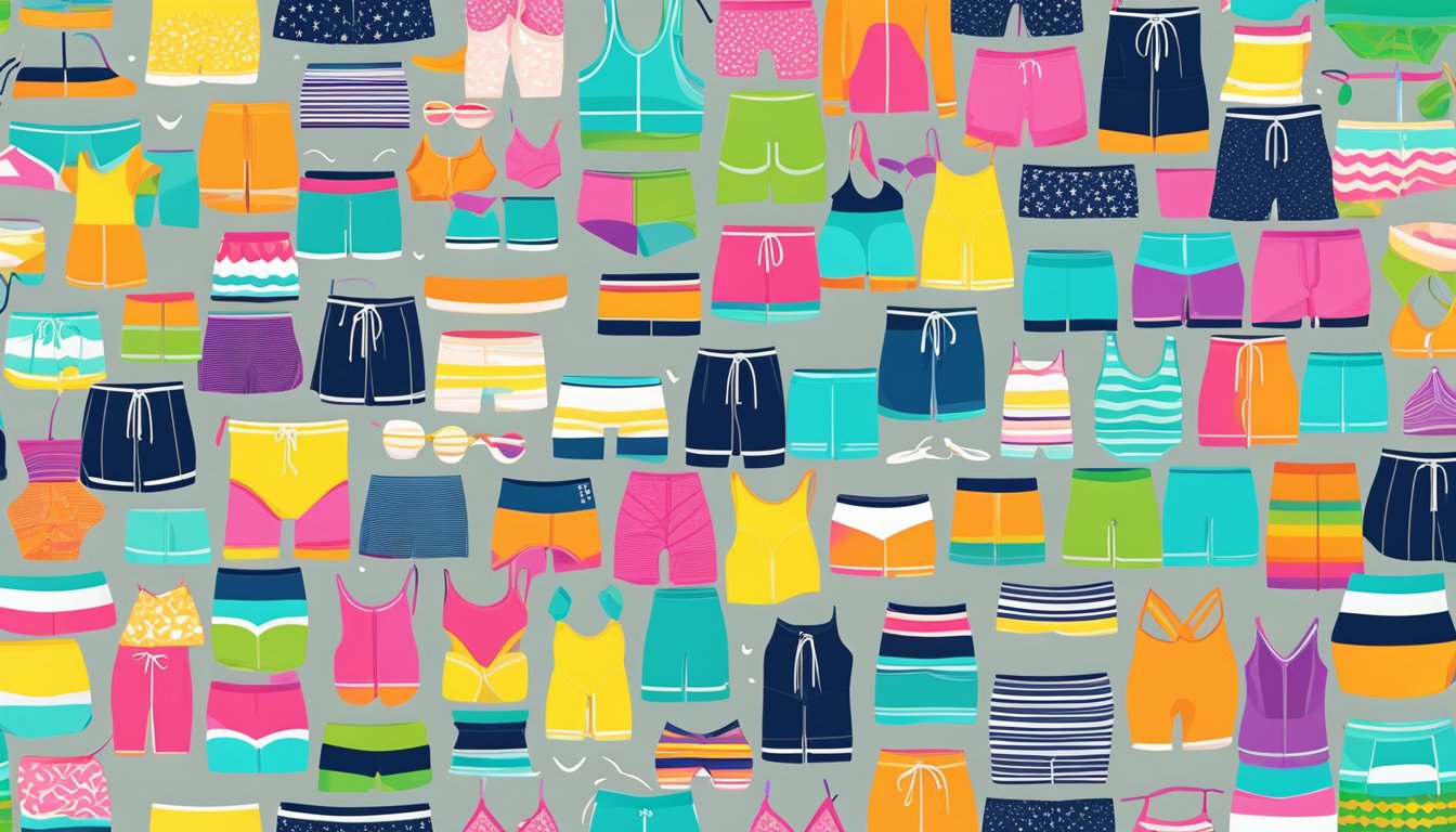 A colorful display of high-quality swimwear brands arranged on a sleek, minimalist backdrop