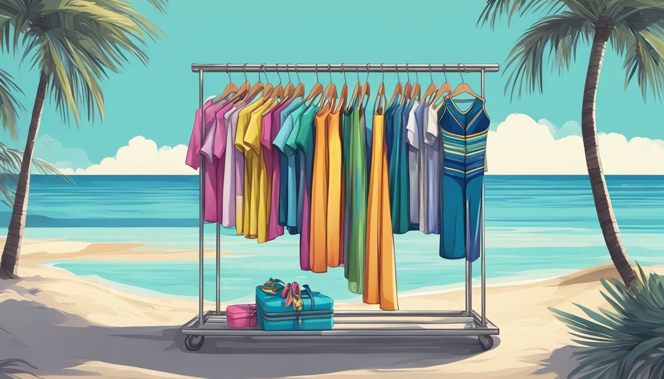 A beach scene with colorful swimwear displayed on a rack, surrounded by palm trees and a clear blue ocean in the background
