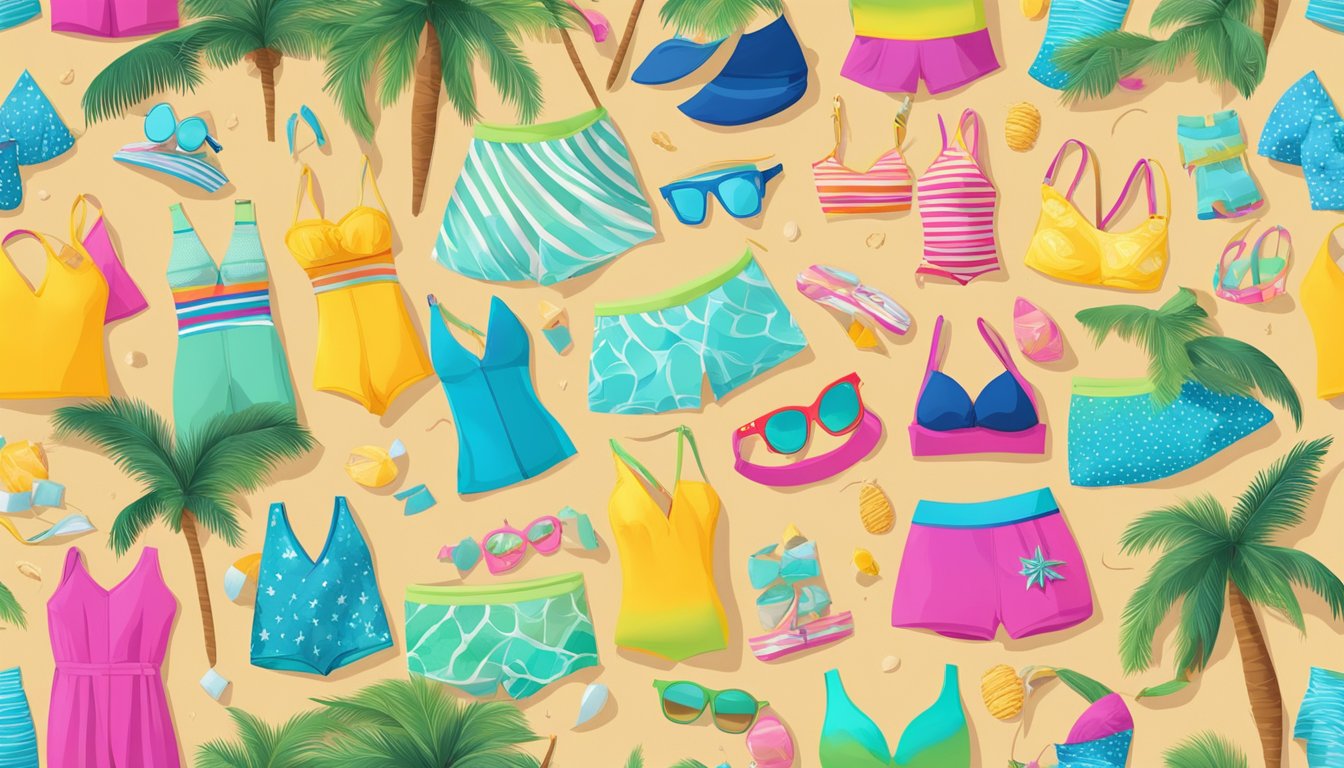 A beach with colorful swimwear brands displayed on a vibrant backdrop of sand, sea, and palm trees