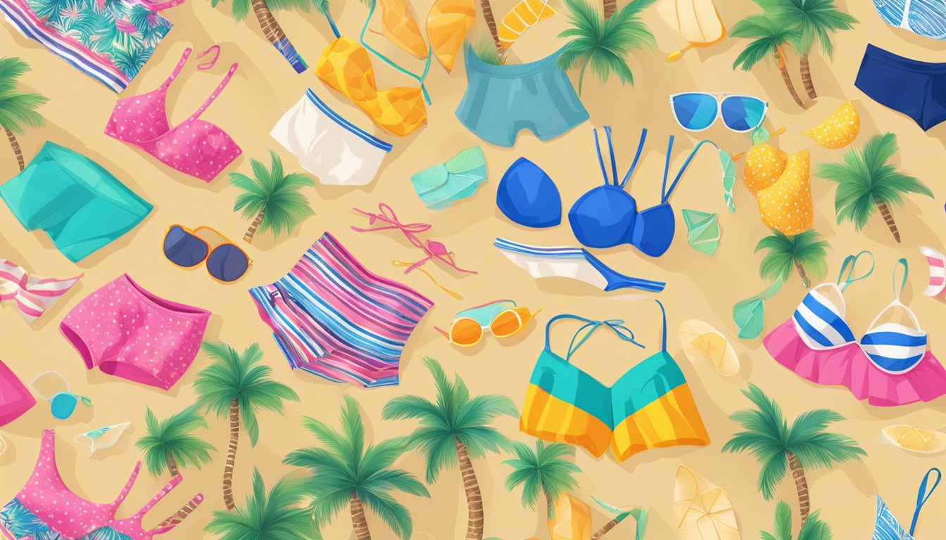 Colorful swimwear brands arranged on a sandy beach with palm trees in the background. Sunlight glistens off the vibrant patterns and styles