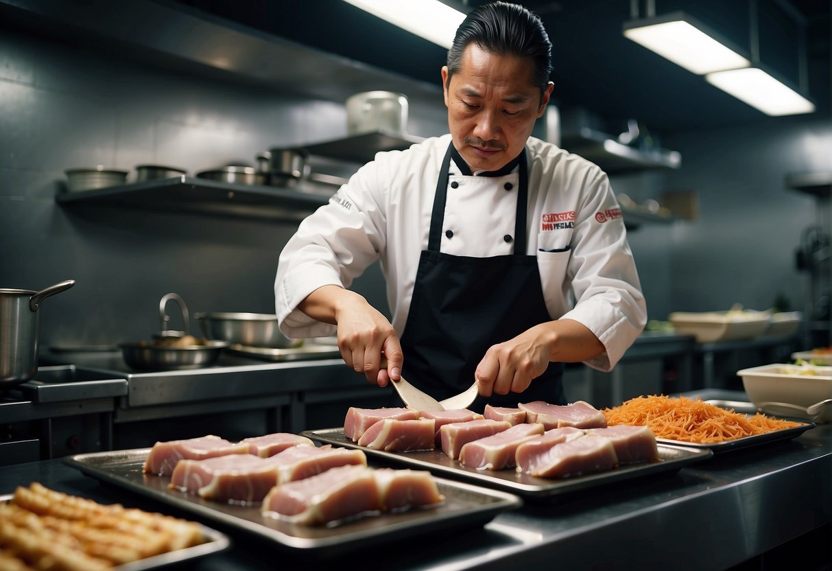 A chef carefully selects fresh pork belly, soy sauce, five-spice powder, and salt for Chinese siu yuk recipe