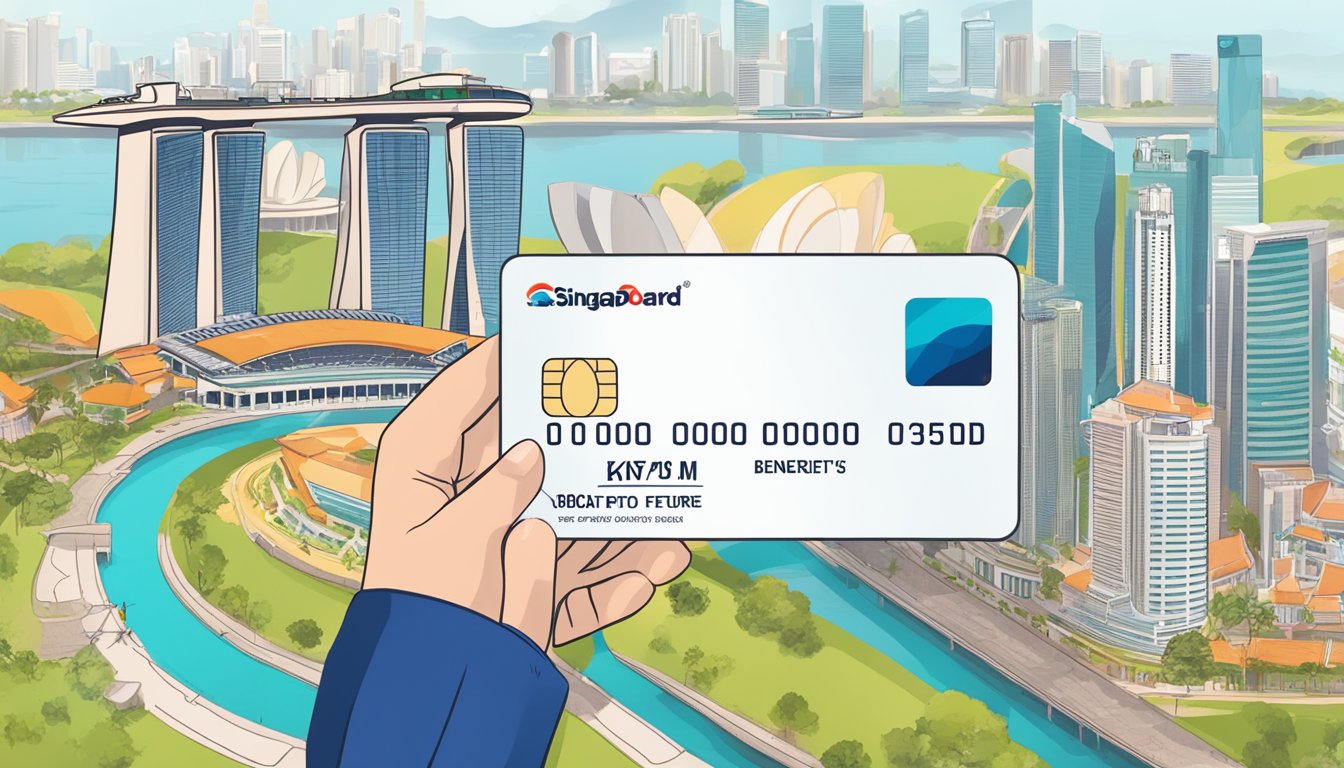 A woman's hand holding a DBS Mastercard, with Singapore landmarks in the background. Text highlighting key features and benefits of the card