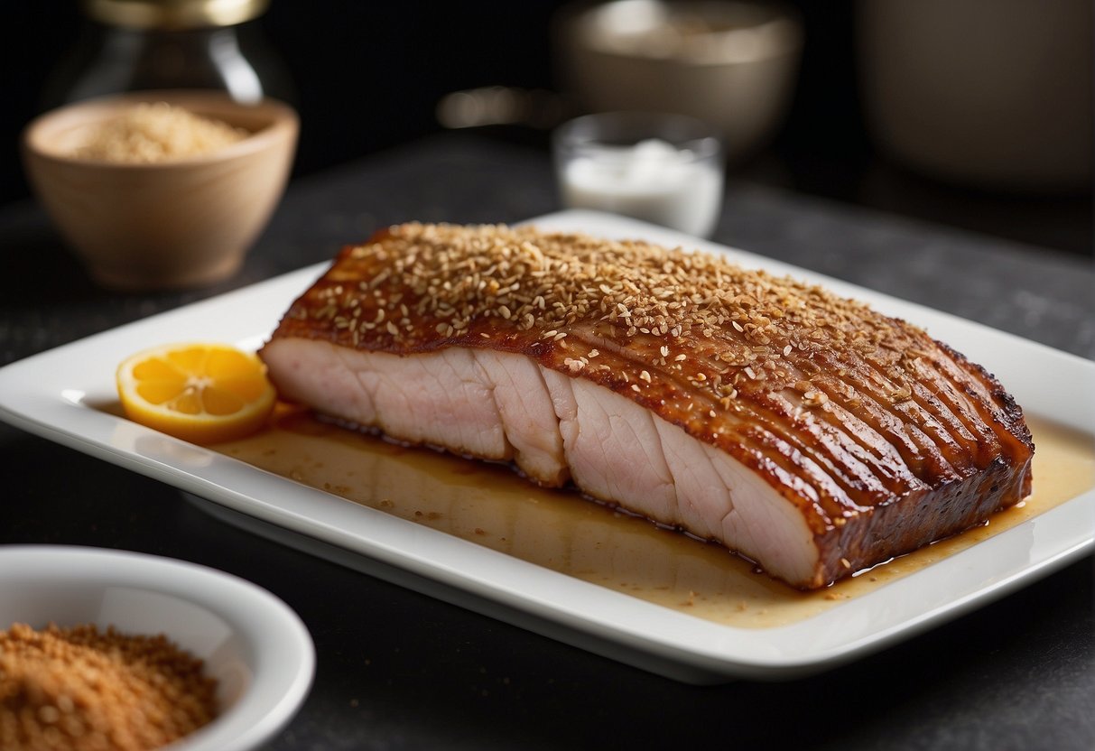 A whole pork belly is being seasoned with a mixture of salt, sugar, and five-spice powder before being roasted to crispy perfection