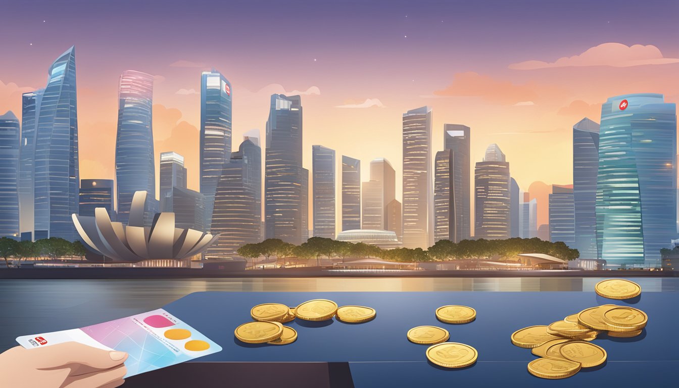 A DBS Woman's Mastercard sits on a sleek table, with a Singapore cityscape in the background. The card features a modern design and is surrounded by a few scattered coins