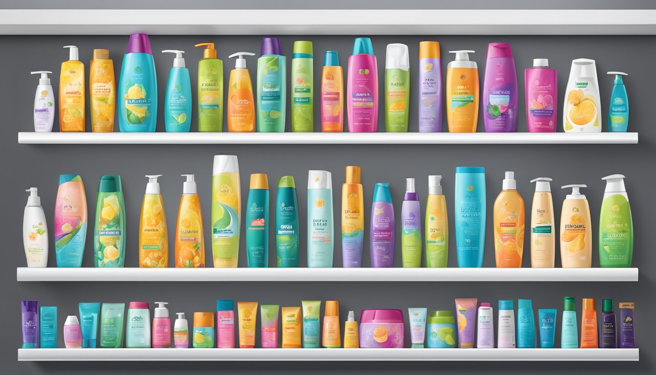 Various shampoo bottles lined up on a sleek, modern shelf. Bright, colorful labels catch the eye, showcasing different brands and scents