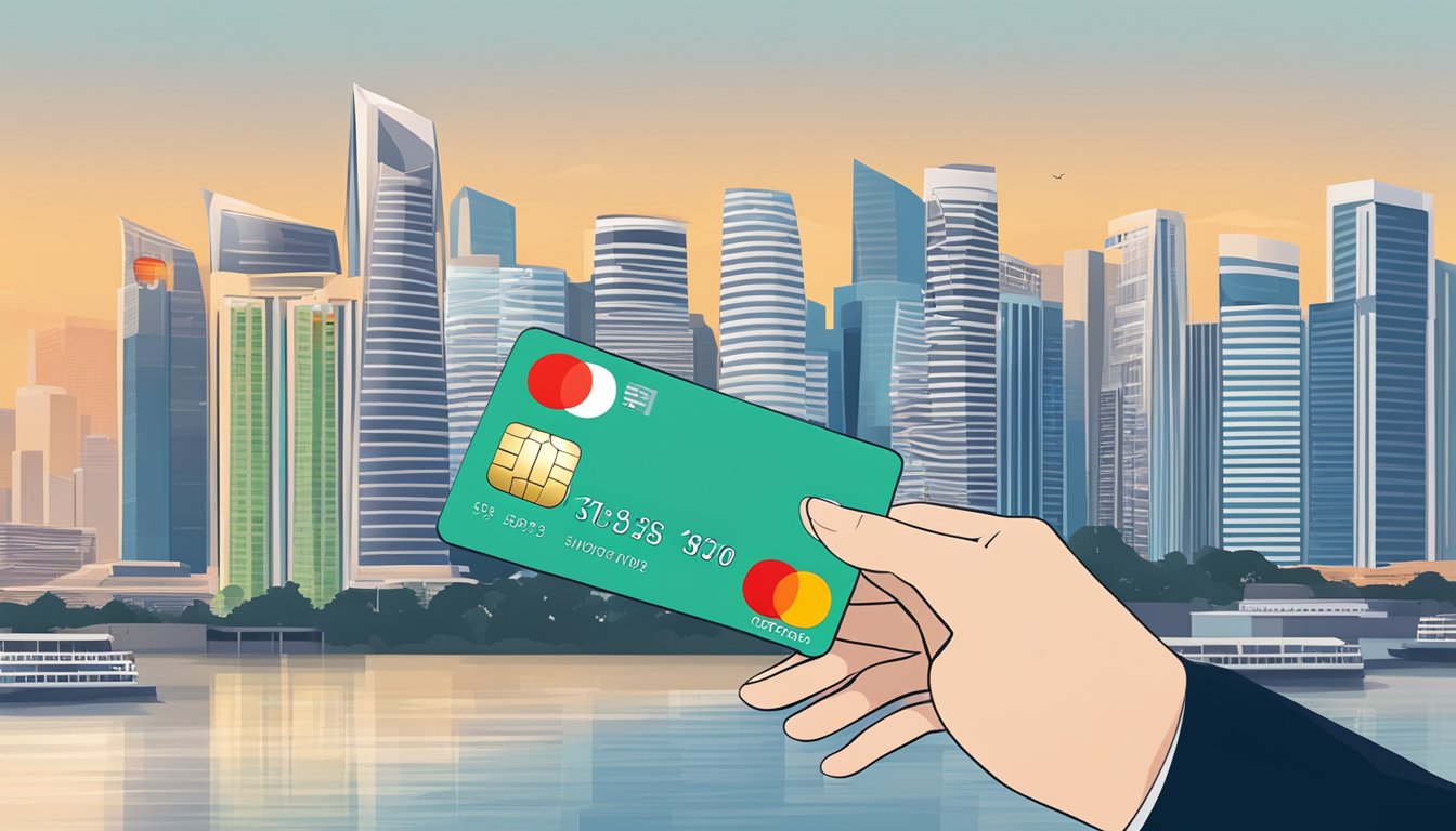 A woman's hand holding a DBS Mastercard with Singapore skyline in the background, symbolizing safety and security