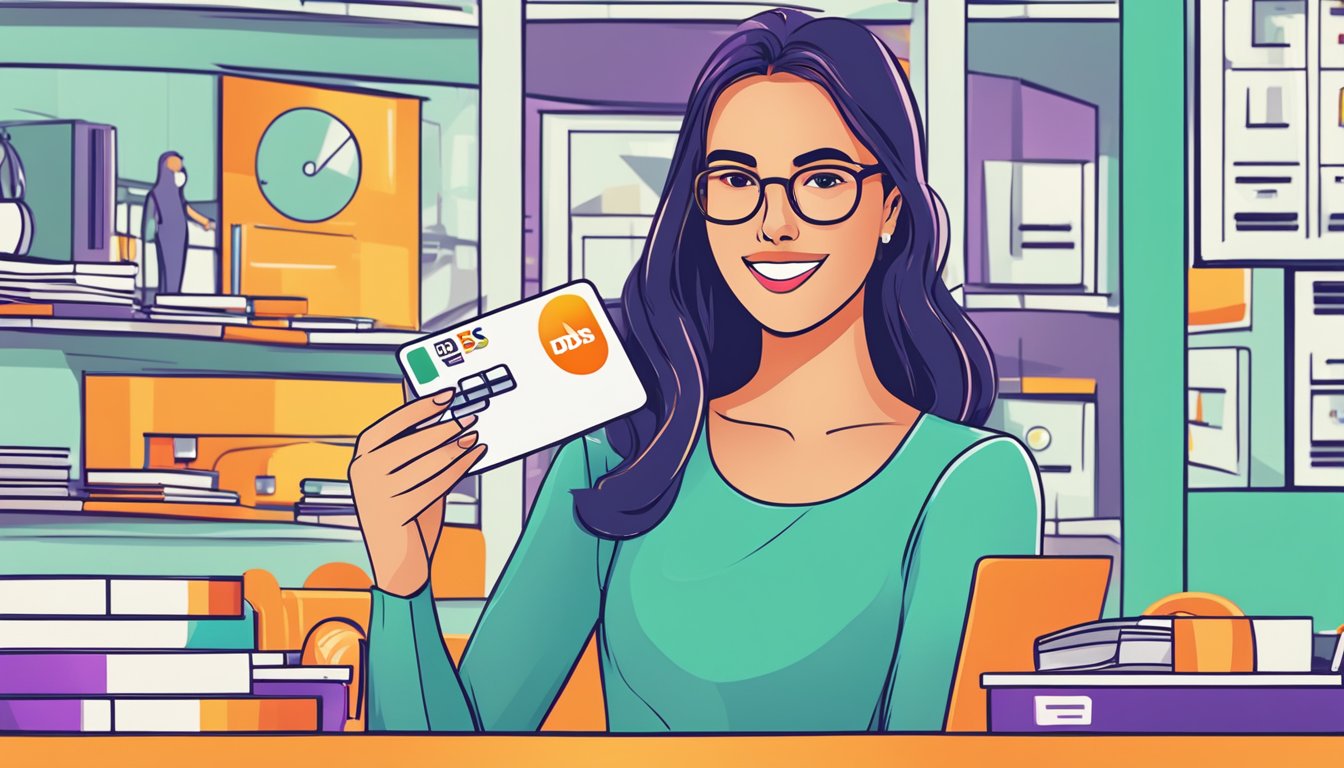 A woman's hand holding a DBS Woman's Mastercard, with FAQ text in the background. Vibrant colors and modern design