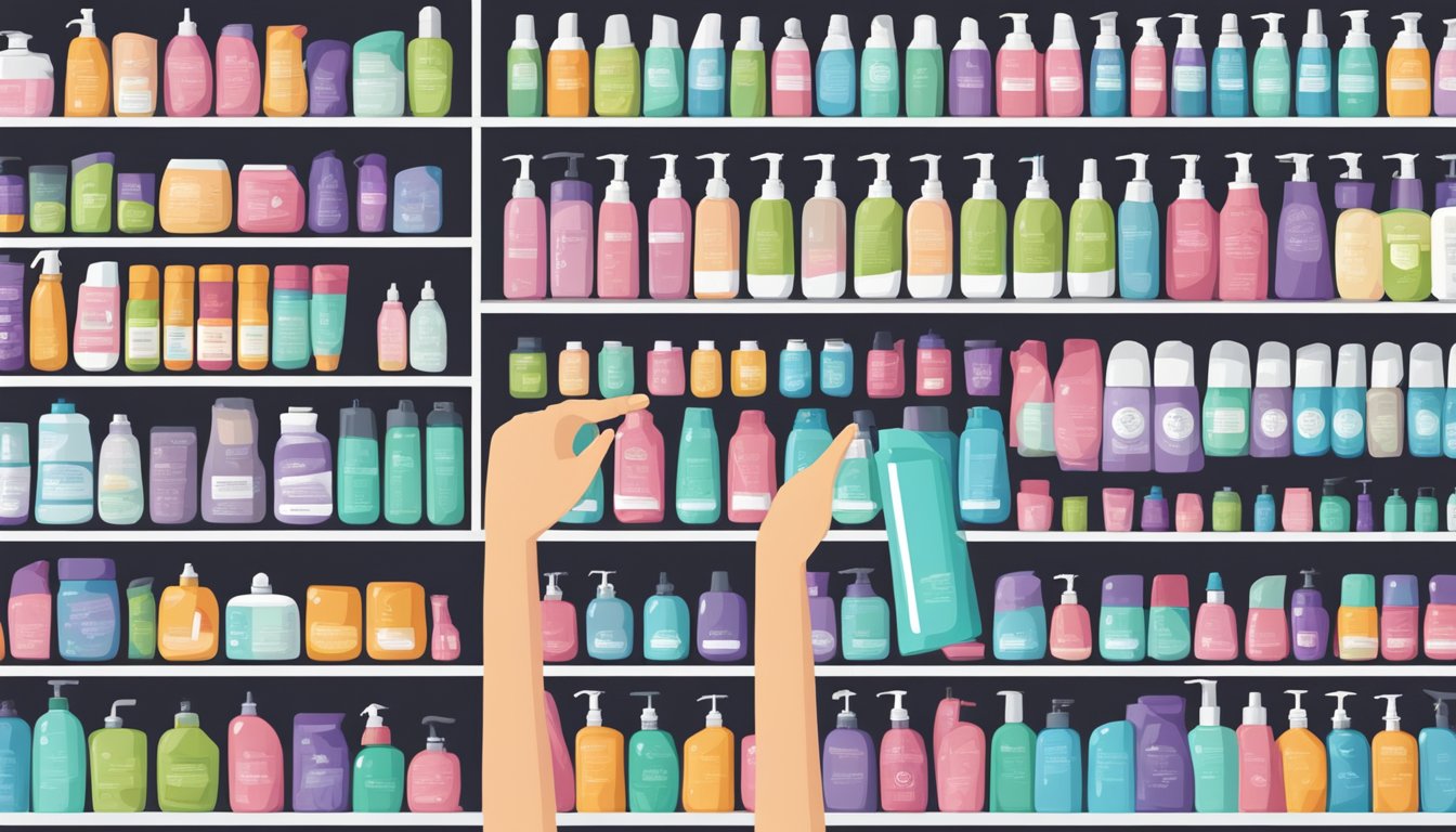 A hand reaches for various shampoo bottles on a shelf, comparing labels and sizes