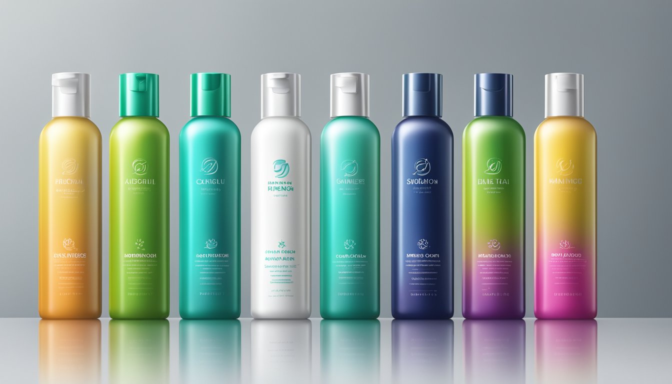 Various shampoo bottles arranged on a sleek, modern shelf with bright, clean labels and vibrant colors