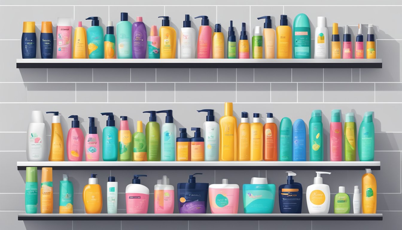 A bathroom shelf filled with various shampoo brands, with colorful bottles and labels, alongside hair care accessories like combs and brushes
