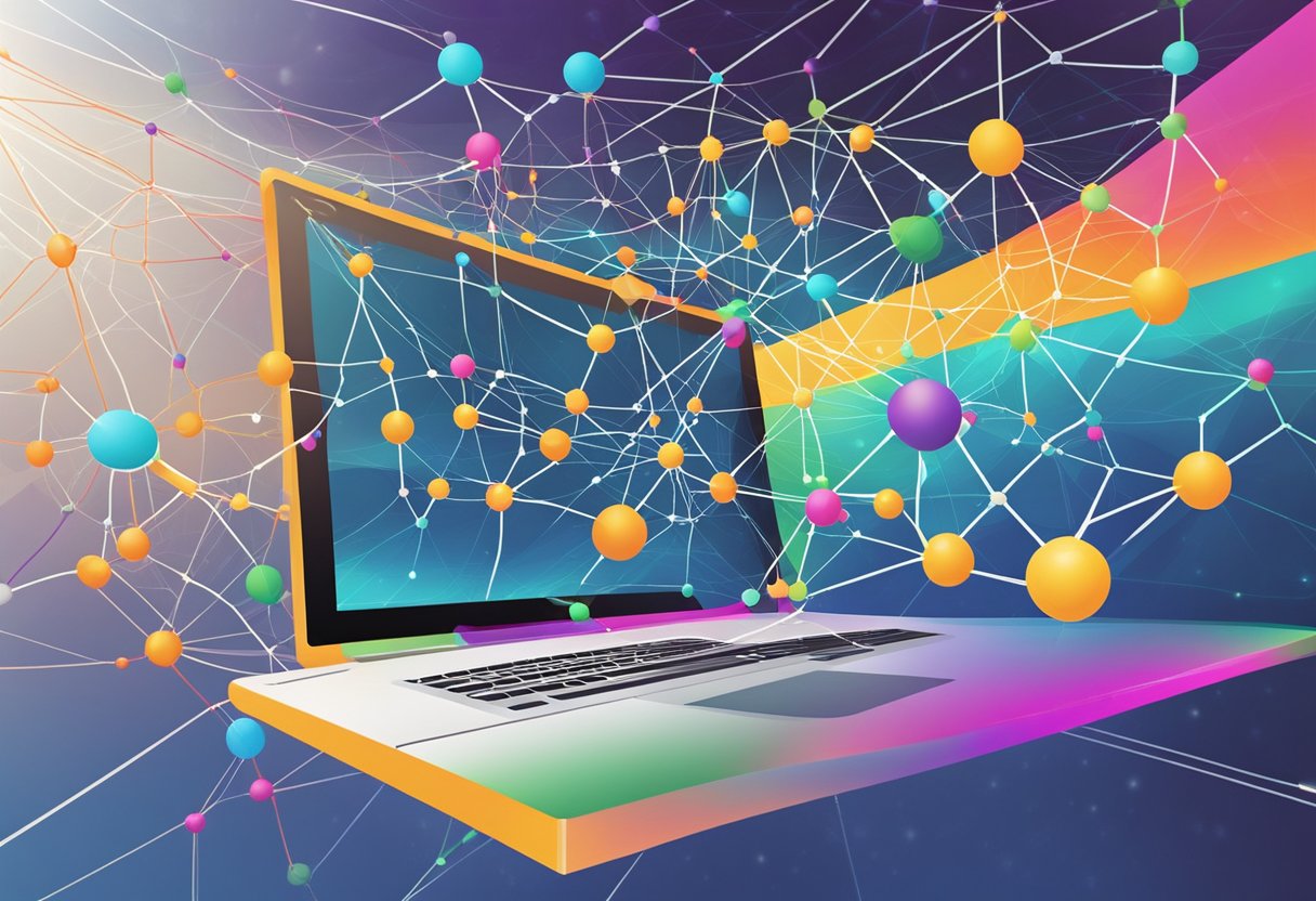 A computer screen displays a web of interconnected nodes, representing various online networking platforms. Bright lines and vibrant colors symbolize the profitable connections being built in the digital world