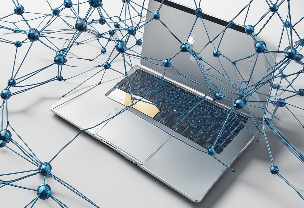 A laptop displaying a network of interconnected nodes, representing online connections. A virtual handshake symbolizes building profitable relationships in the digital world