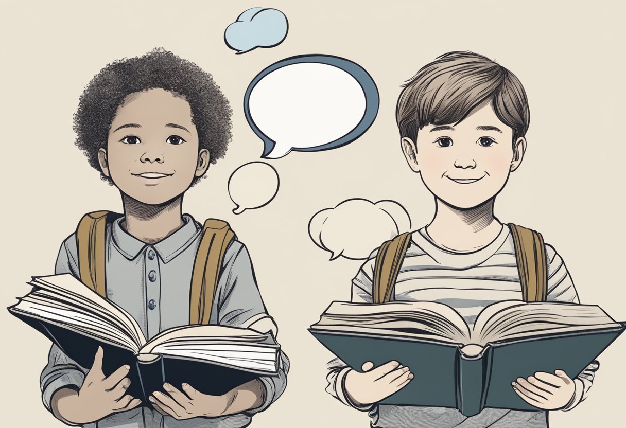 A child holding two books, one in each hand, with speech bubbles in different languages above their head