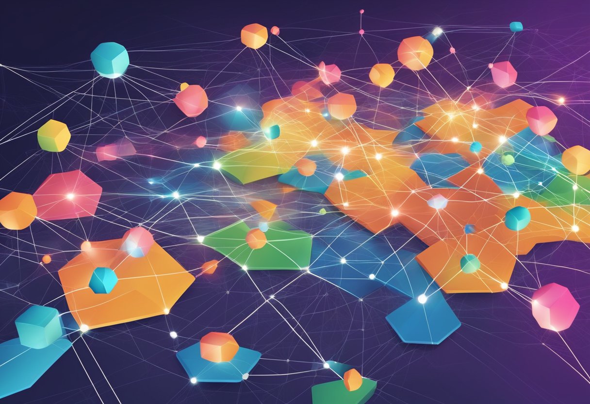 A digital world with interconnected nodes representing profitable connections in strategic networking. Vibrant colors and dynamic lines depict the art of online networking