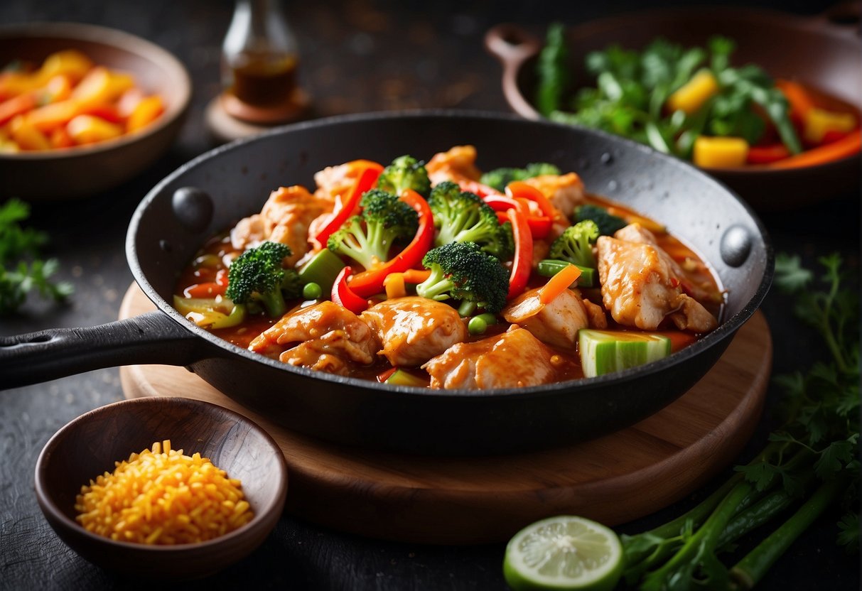 A sizzling skillet of Chinese chicken with vibrant vegetables and savory sauce