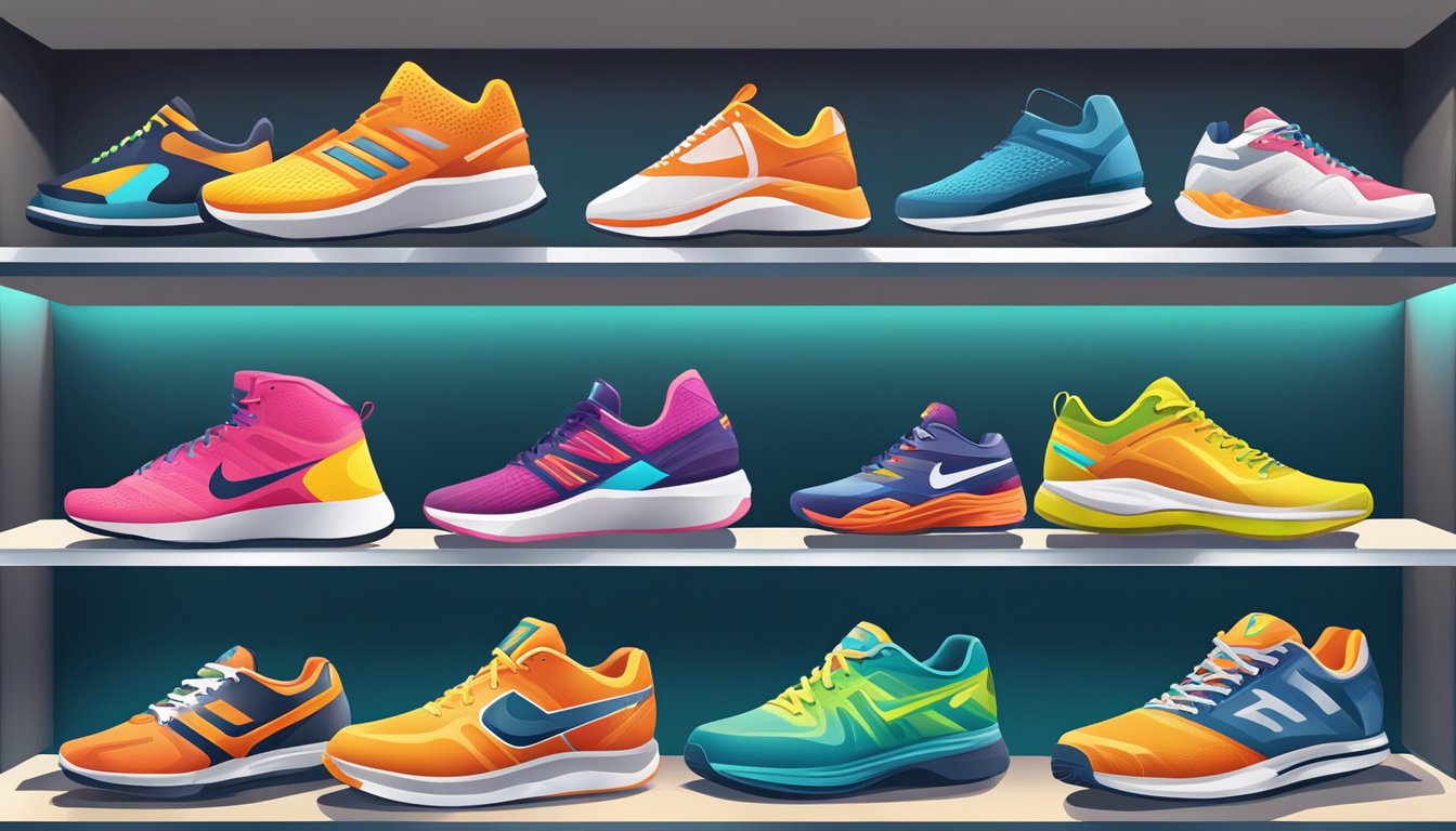 Various sport shoes brands displayed on shelves in a well-lit store. Bright colors and sleek designs catch the eye