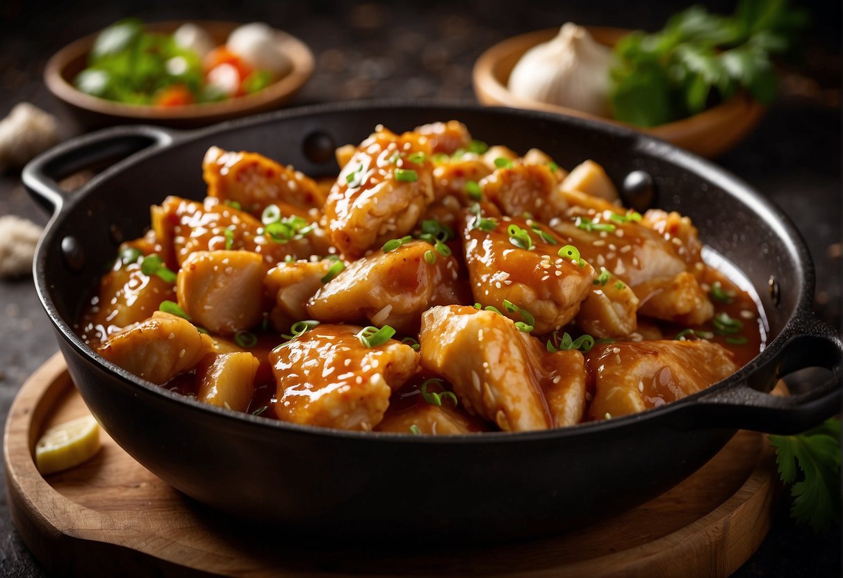 Chicken pieces marinating in a flavorful Chinese sauce in a skillet. Ingredients like soy sauce, ginger, and garlic are visible