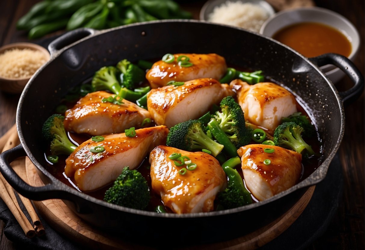 Chinese skillet chicken sizzling in hot oil with garlic, ginger, and soy sauce. Vegetables and spices ready nearby