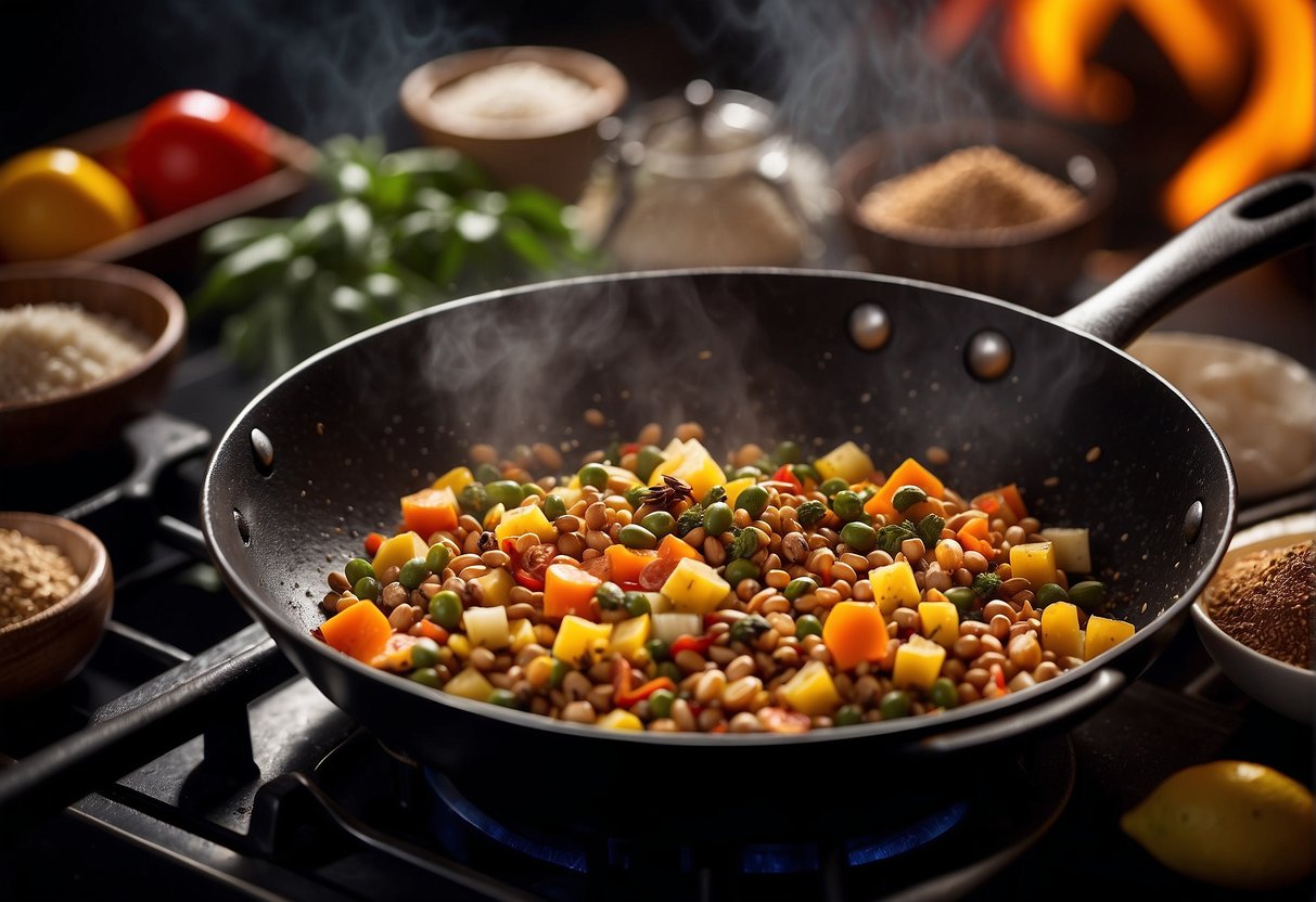 Ingredients and spices being mixed in a skillet over a hot stove