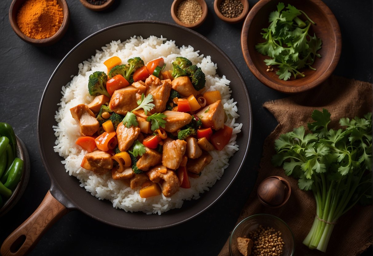 A sizzling skillet of Chinese chicken with vibrant vegetables and aromatic spices, paired with a side of steamed rice and garnished with fresh herbs