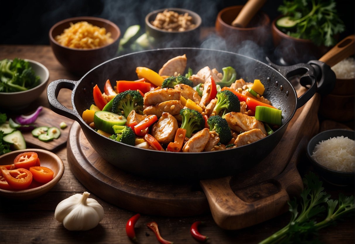 A sizzling skillet with Chinese chicken stir-fry, surrounded by various ingredients and cooking utensils