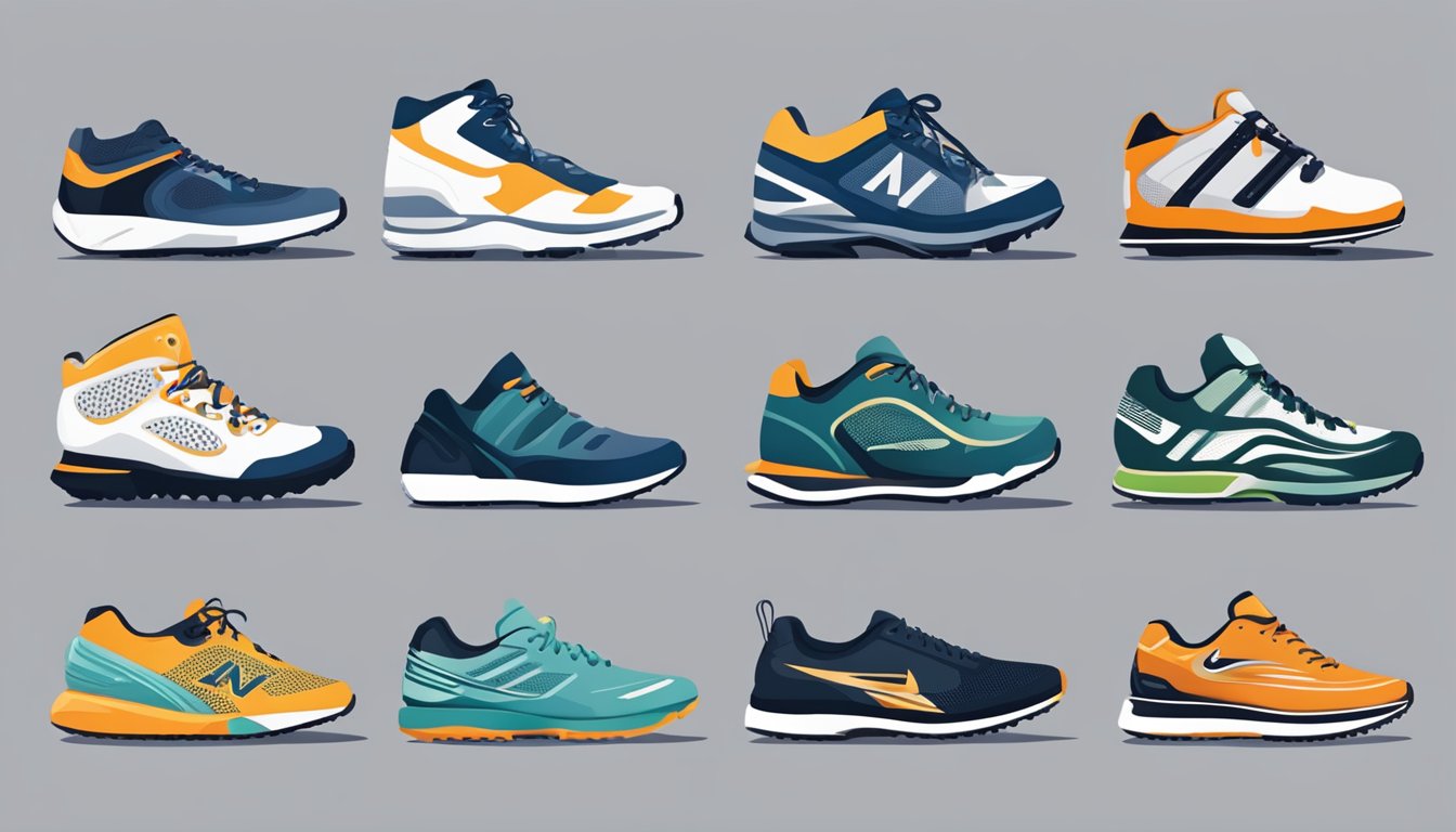 Various sport shoe types arranged on display: running, basketball, soccer, and hiking. Each pair branded with logos and unique designs