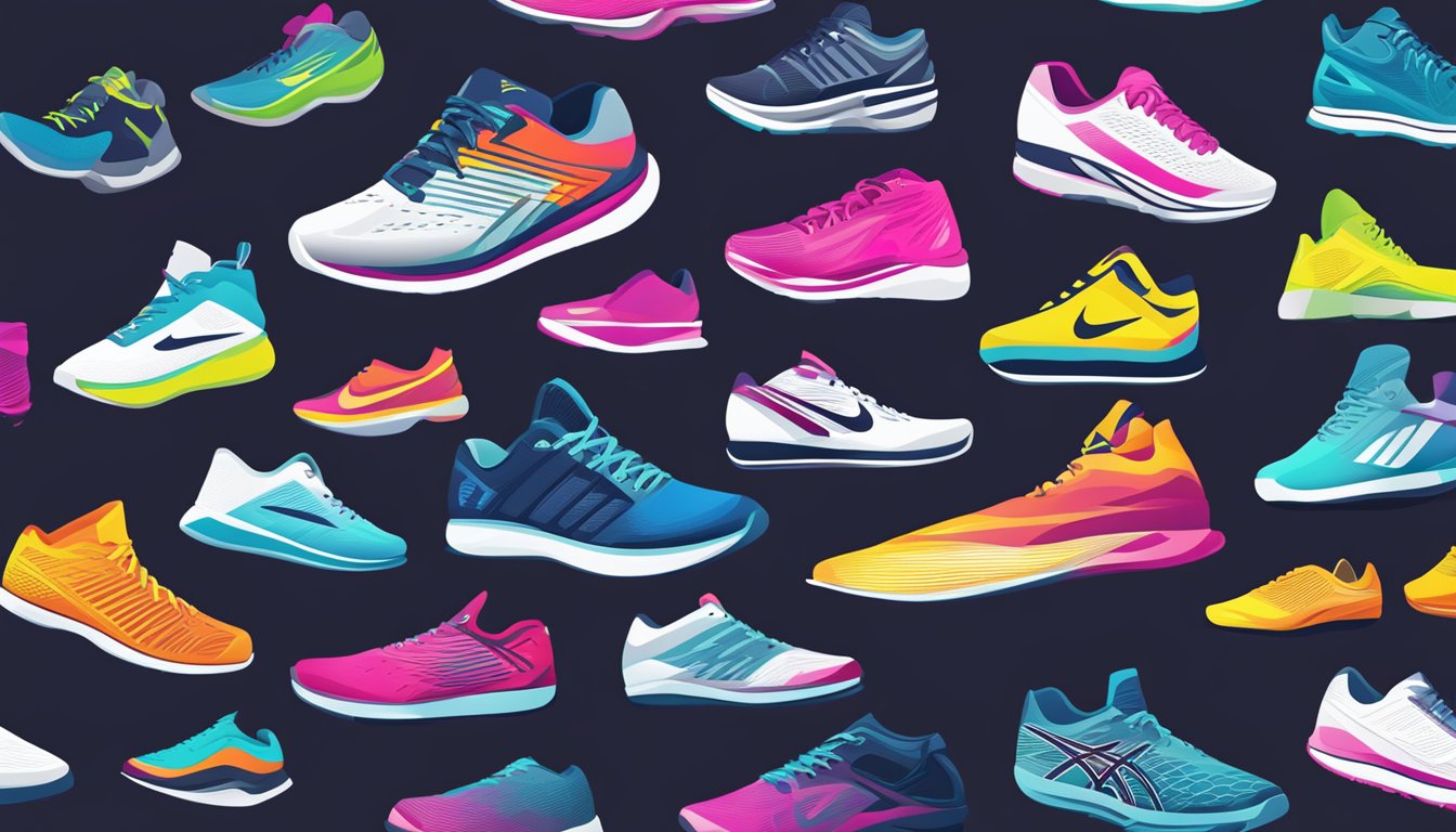 Athletic shoes brands displayed with focus on technology and comfort features. Bright, dynamic colors and sleek designs. Logo prominently featured