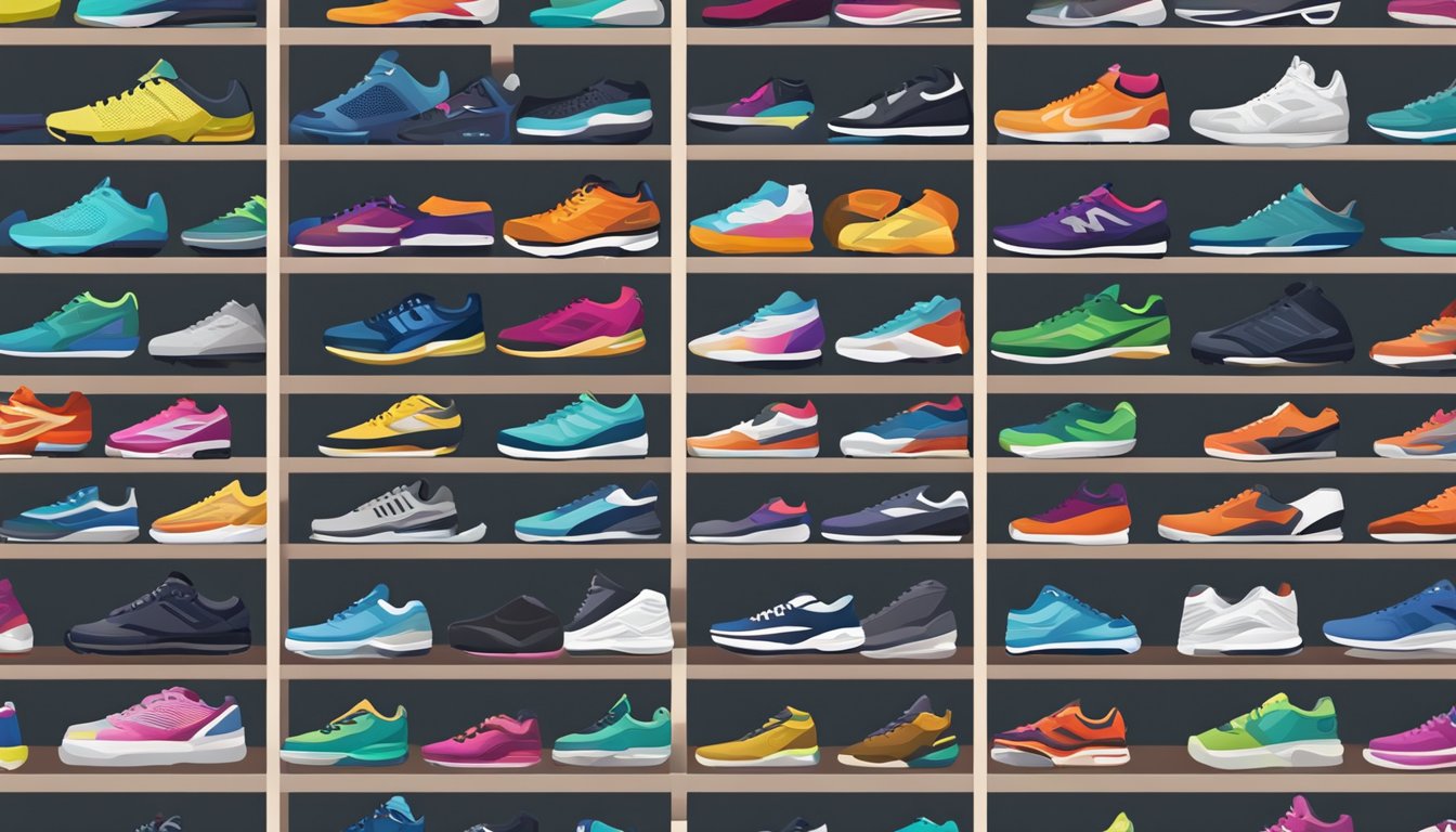 A display of various sport shoe brands on shelves, with different styles and colors to choose from