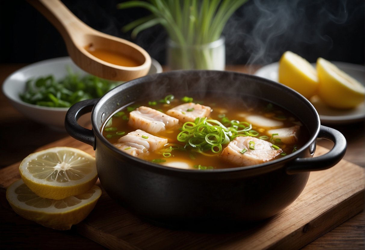 A pot of simmering broth with fish slices, ginger, and green onions. A ladle hovers over the steaming liquid, ready to serve