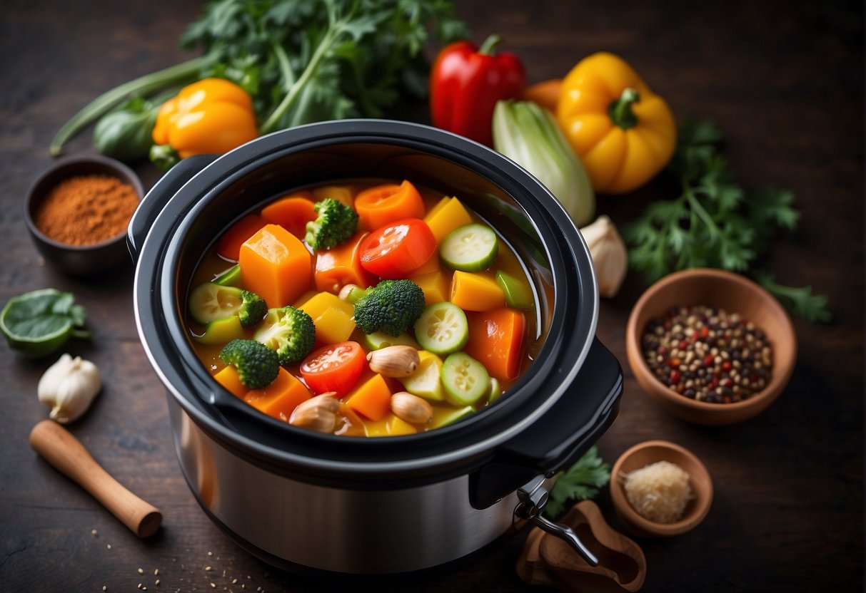 A variety of colorful vegetables and aromatic spices simmer in a traditional Chinese slow cooker, filling the air with a mouth-watering aroma