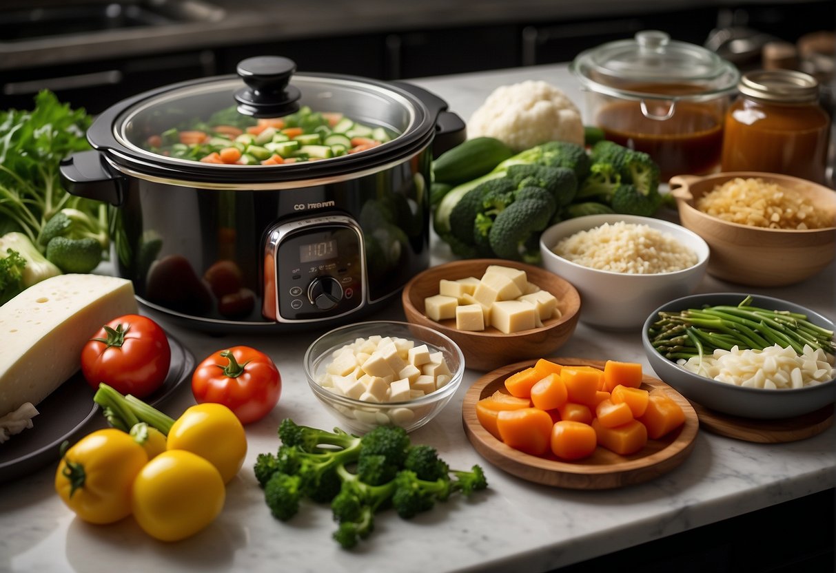 A variety of fresh vegetables, tofu, soy sauce, ginger, garlic, and vegetable broth arranged on a kitchen counter next to a slow cooker