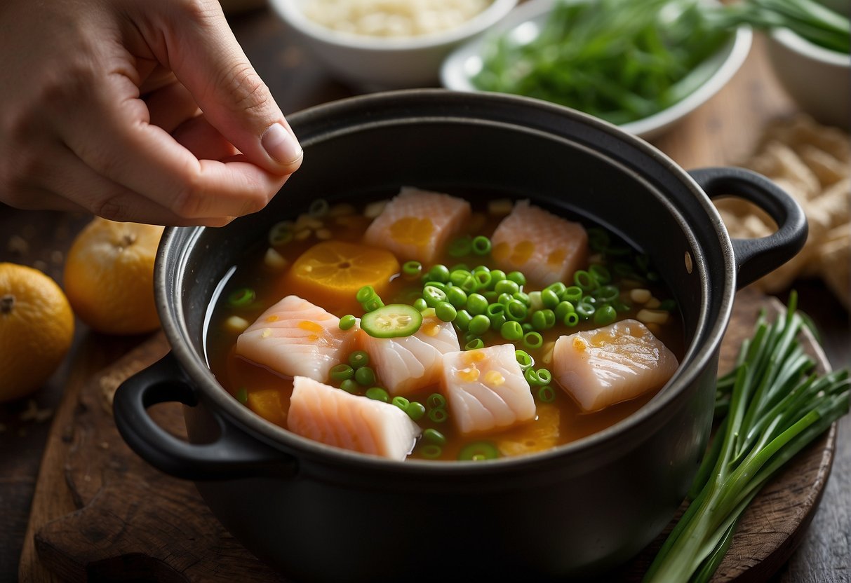 Slices of fish, ginger, scallions, and broth simmer in a pot. Ingredients include soy sauce, sesame oil, and white pepper