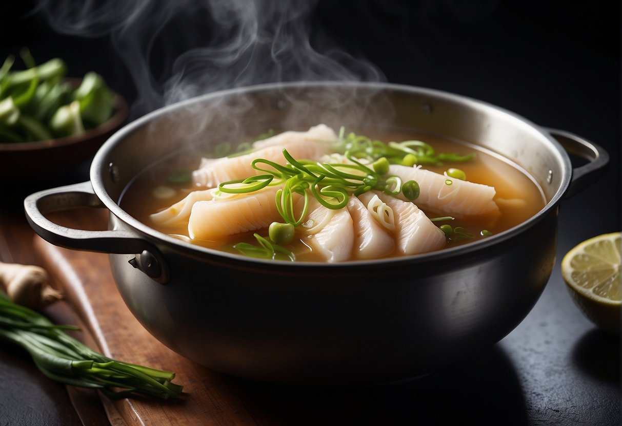 Sliced fish, ginger, and scallions simmer in a fragrant broth. Steam rises from the pot as the ingredients infuse with savory flavors