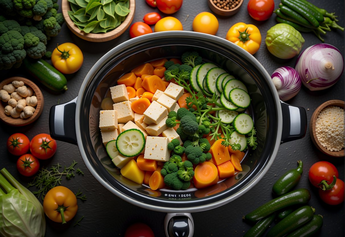 A colorful array of fresh vegetables, tofu, and aromatic spices simmering in a Chinese slow cooker, filling the air with mouthwatering aromas